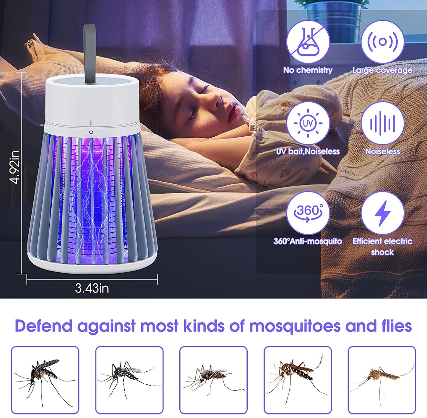 Bug Zapper Outdoor, Fly Zapper 3000V, Rechargeable Mosquito Zapper, Waterproof Electronic Insect Killers, Gray