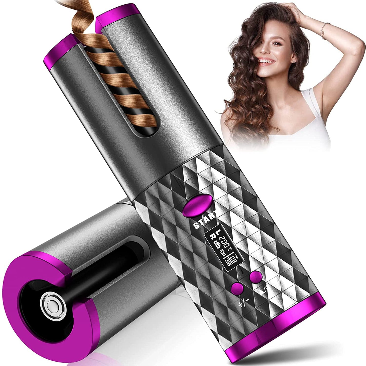 Automatic Curling Iron, Cordless Hair Curler w/ 6 Temp & Timer, Portable Wireless Curling Iron, USB Rechargeable Rotating Barrel Curling Wand, Fast Heating & Auto Shut Off