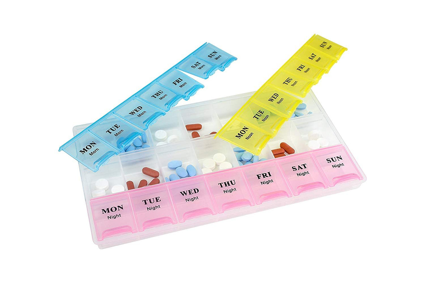 Weekly Pill Organizer, (Pack of 2) 21 Day Pill Planners for Pills Vitamins & Medication, 3 Times-a-Day Medication Reminder Boxes, Easy to Read & Travel Friendly