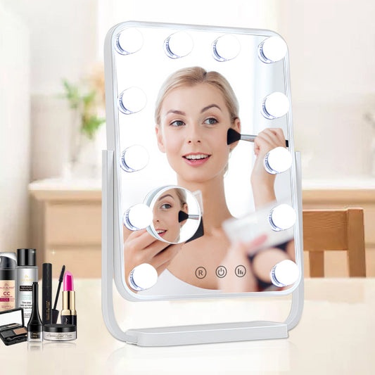 Vanity Mirror with Lights, Lighted Makeup Mirror with 12 Dimmable Bulbs for Dressing Room & Bedroom,3 Color Lighting,Modes Detachable 10x Magnification 360°Ratation(White)