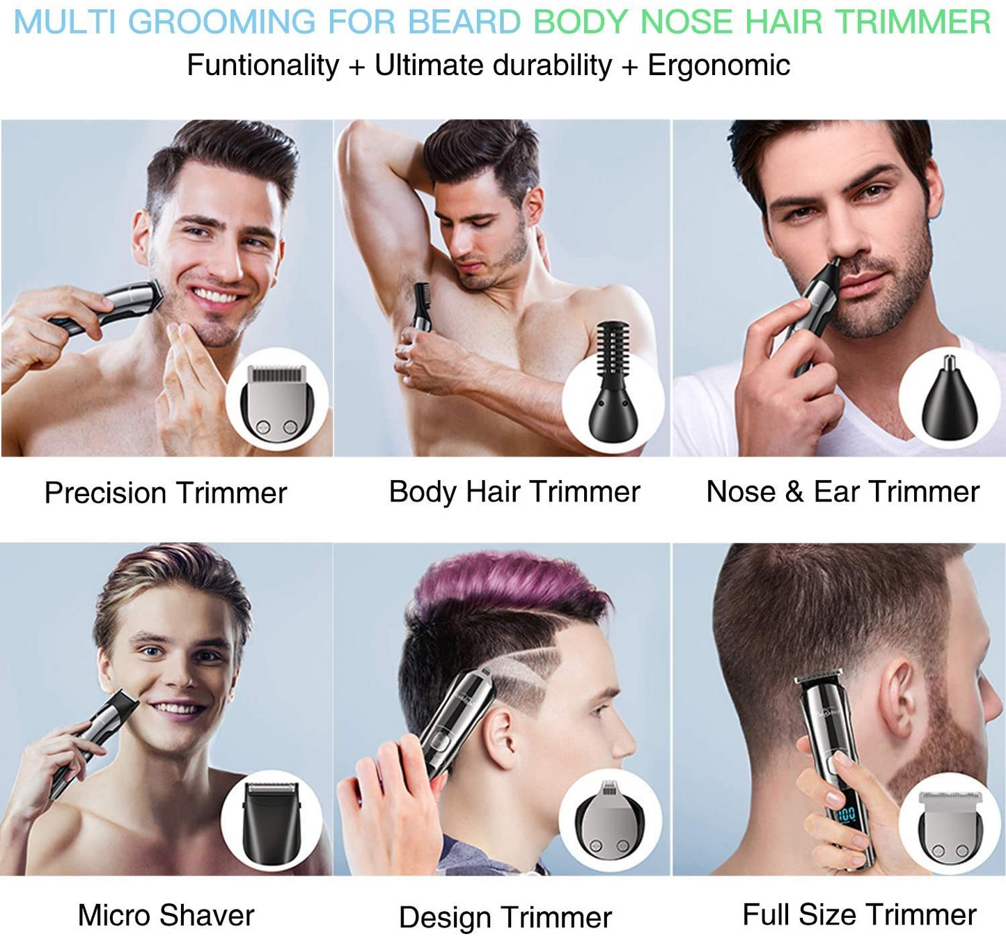 16 in 1 Hair Clipper for Men, IPX7 Waterproof Nose Beard Hair Trimmer Cordless Men's Grooming Kit USB Rechargeable Haircut W/2-Speed Adjustable, Storage Stand, Barber Cape for Men's Women Children