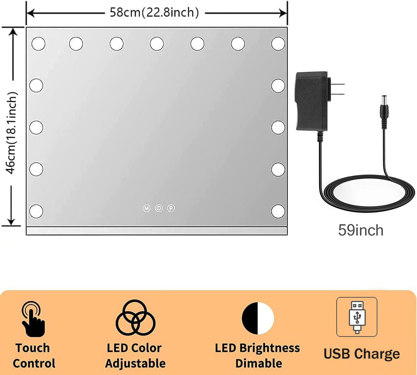 Vanity Mirror with Lights, Makeup Mirror with Lights, Hollywood Lighted Mirror with 15 Dimmable LED Bulbs, 3 Colors Modes, Touch Control, USB Charging Port, Metal Frame, White