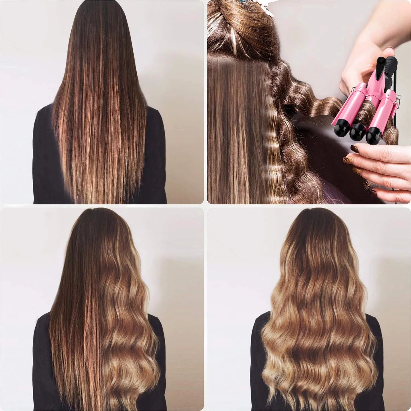 3 Barrel Curling Iron Wand with LCD Temperature Display - Hosey 1 Inch Ceramic Tourmaline Triple Barrels Hair Waver, Dual Voltage Hair Crimper (Pink)