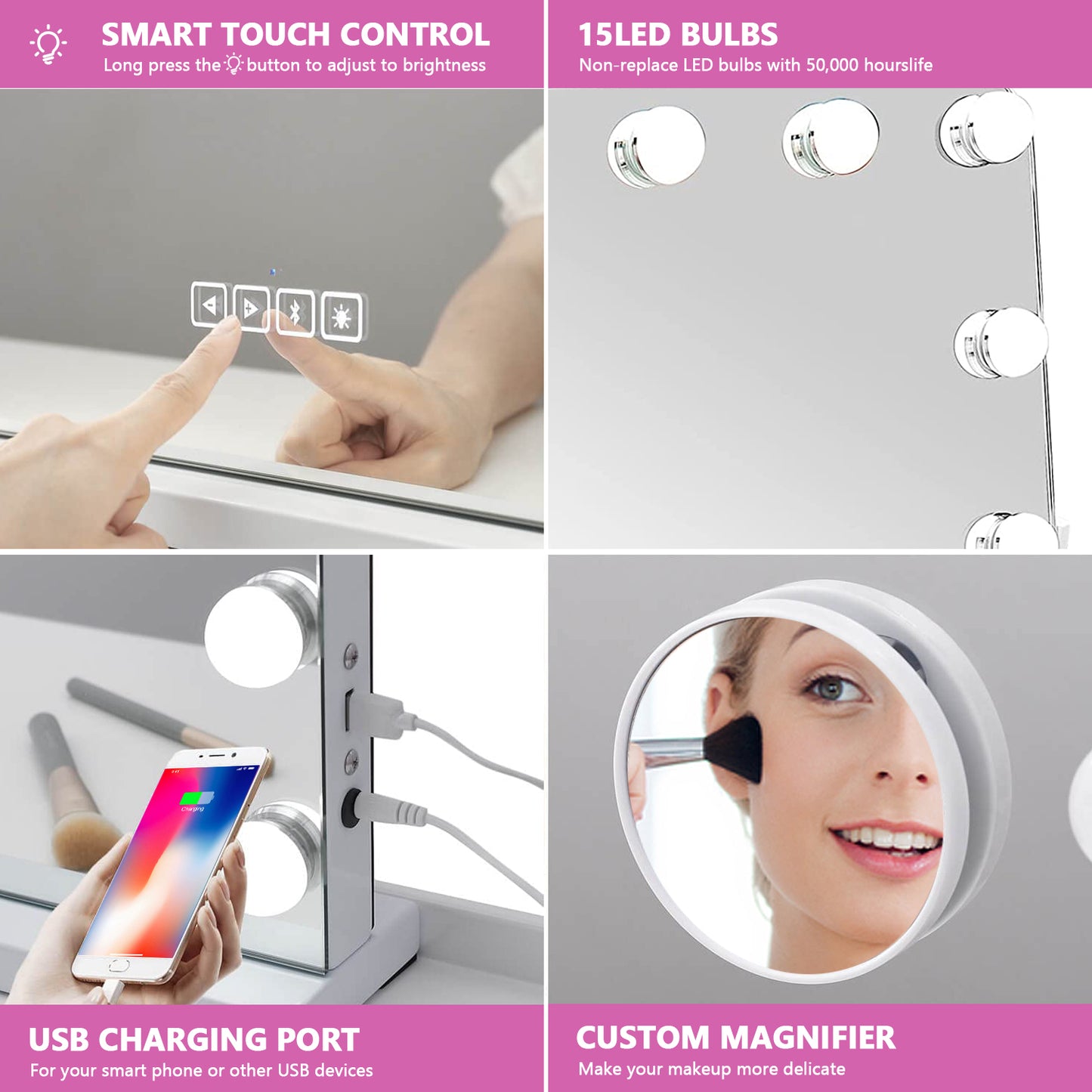 Vanity Mirror with Lights, Makeup Mirror with Bluetooth  and 10X Magnification, Hollywood Lighted Mirror with 15 Dimmable LED Bulbs for Dressing Room & Bedroom