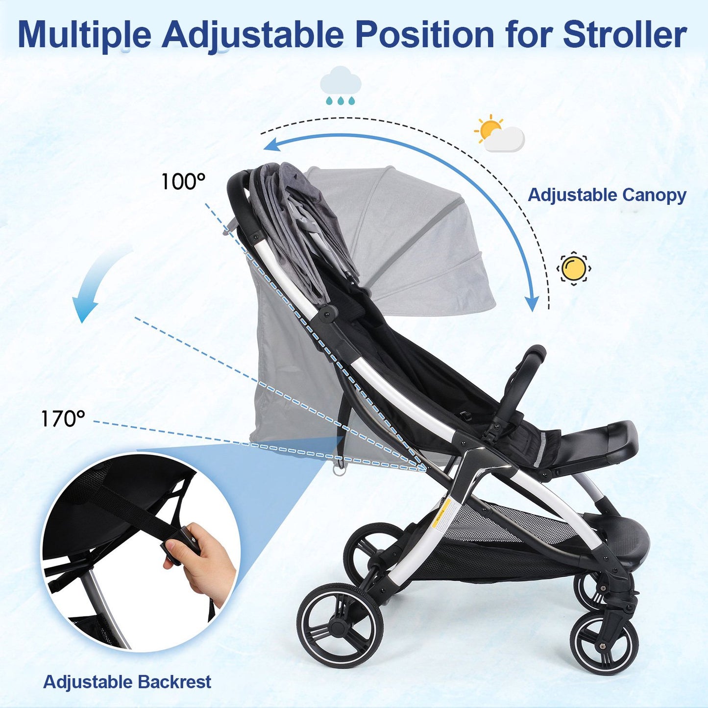 Baby Stroller, Travel Stroller, Easy Carry Stroller Lightweight Pushchair with Adjustable Canopy, Reclining Seat, Toddler