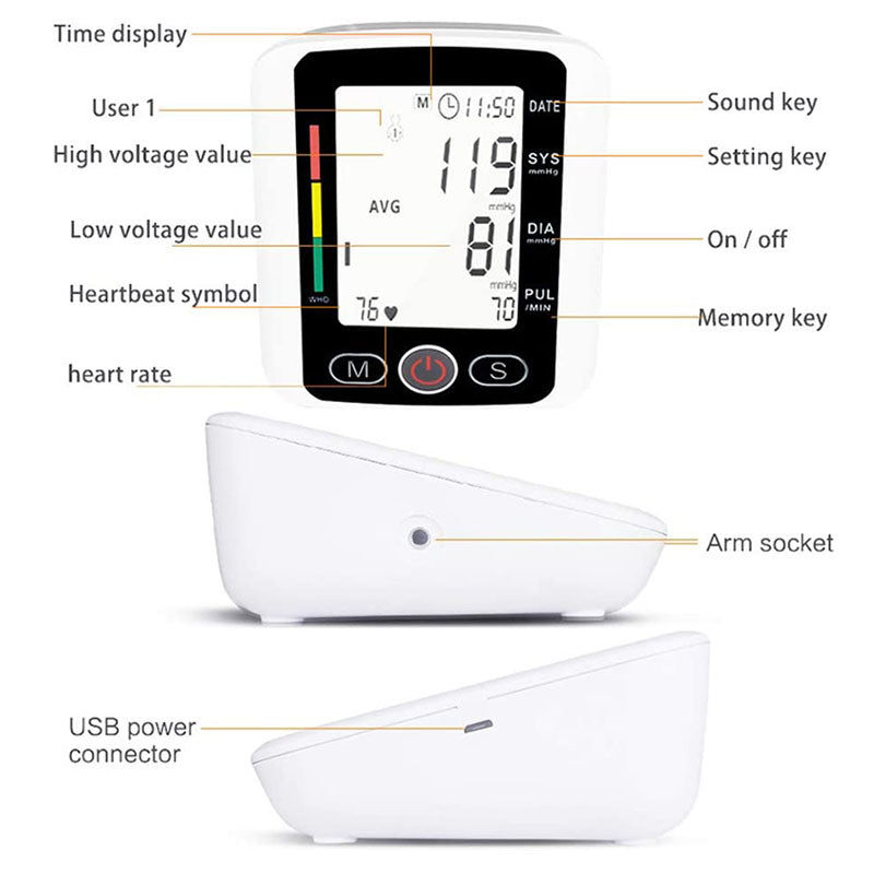 Blood Pressure Monitor, Upper Arm Blood Pressure Monitor, Rechargeable BP Machine with LCD Display, Voice Broadcast and 2 User Recall