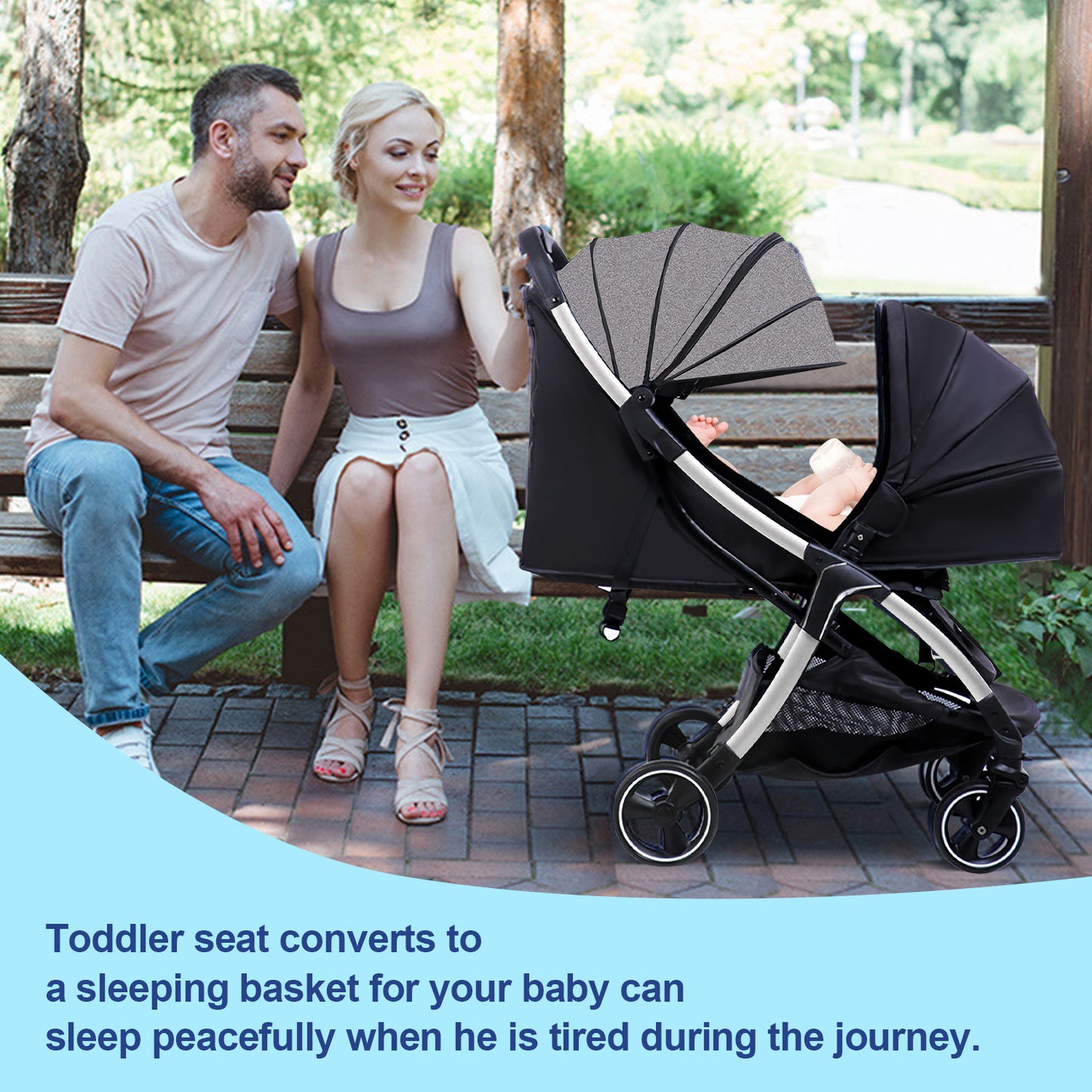 Lightweight Stroller for Toddlers, 2-in-1 Reversible and Reclinable Seat Compact Travel Stroller with Sun Canopy, Easy Carry Stroller with Adjustable Handles & Backrest