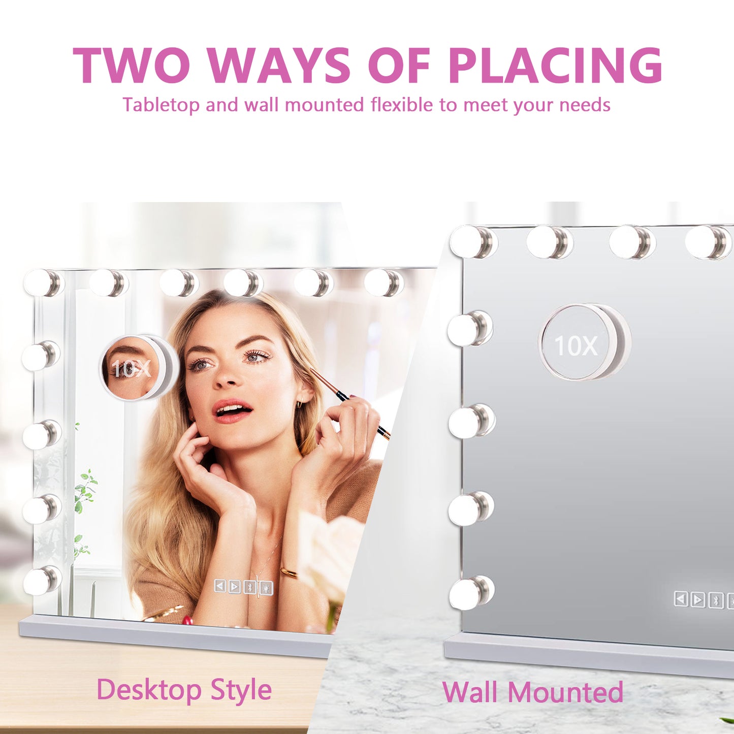 Vanity Mirror with Lights, Makeup Mirror with Bluetooth  and 10X Magnification, Hollywood Lighted Mirror with 15 Dimmable LED Bulbs for Dressing Room & Bedroom