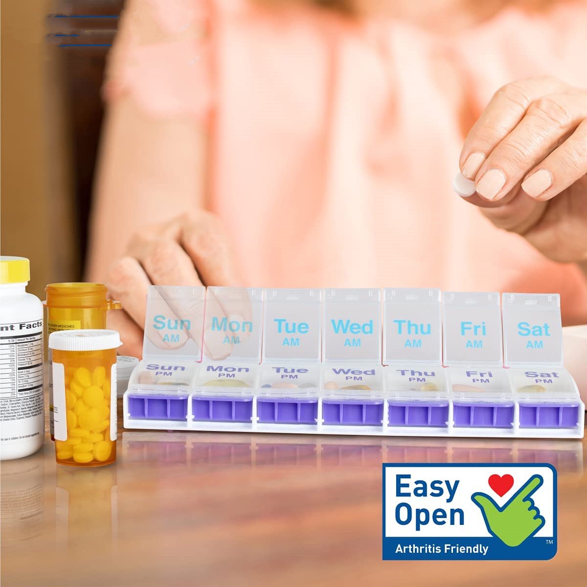 BDUN Push Button Pill Organizer, Weekly Pill, Medicine, Vitamin Organizer Box, 7 Days Pill Container, 2 Times a Day, AM PM, Large Compartments, Arthritis Friendly