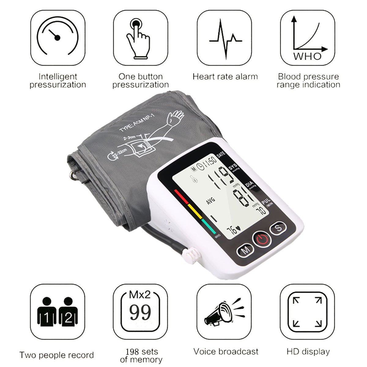 Blood Pressure Monitor, Upper Arm Blood Pressure Monitor, Rechargeable BP Machine with LCD Display, Voice Broadcast and 2 User Recall