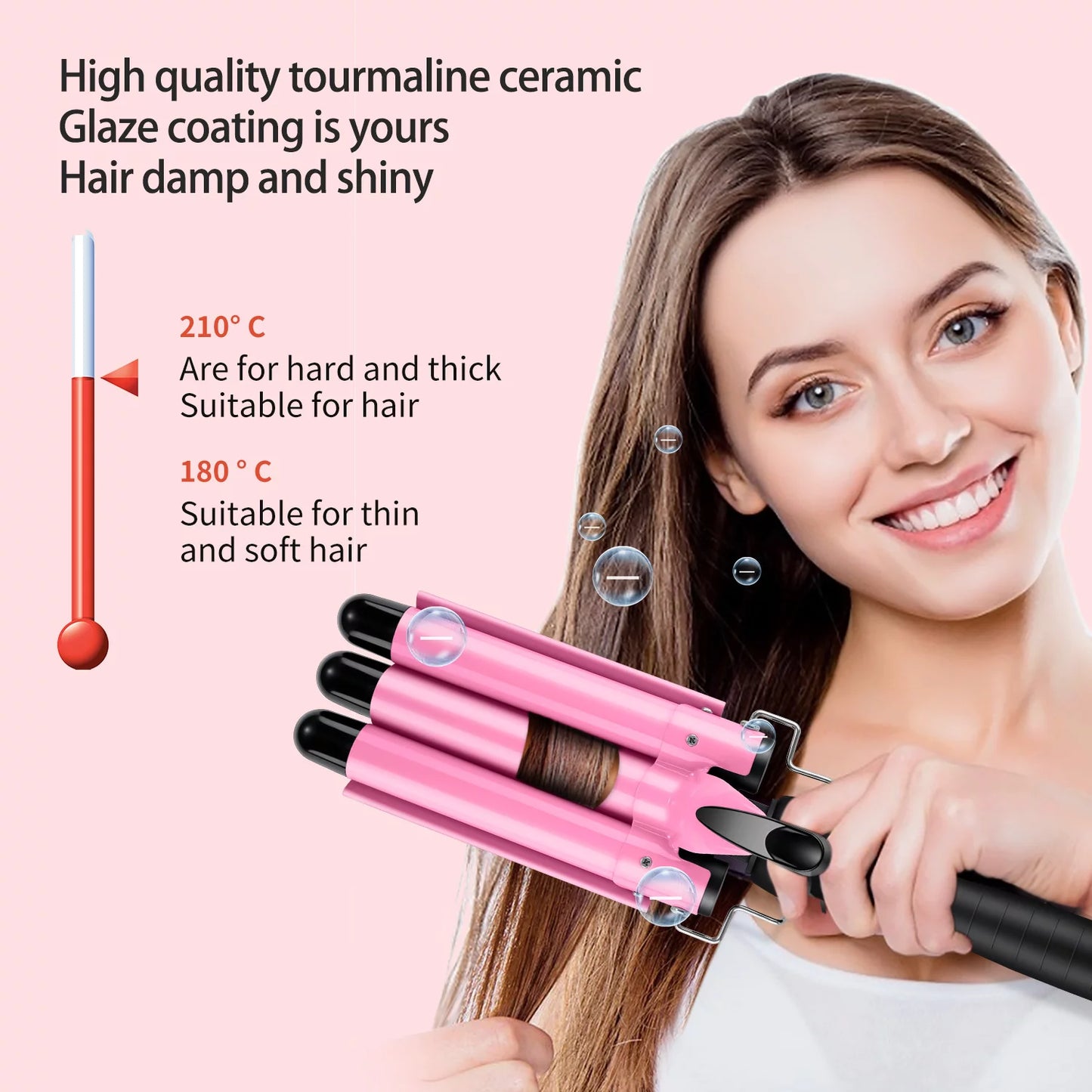 3 Barrel Curling Iron Wand with LCD Temperature Display - Hosey 1 Inch Ceramic Tourmaline Triple Barrels Hair Waver, Dual Voltage Hair Crimper (Pink)