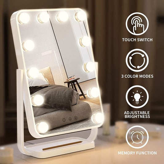 Elecsop Vanity Mirror with Lights,Hollywood Lighted Makeup Mirror with 3 Color Modes 12 Dimmable LED Bulbs Touch Switch Memory Function 360°Rotation, White