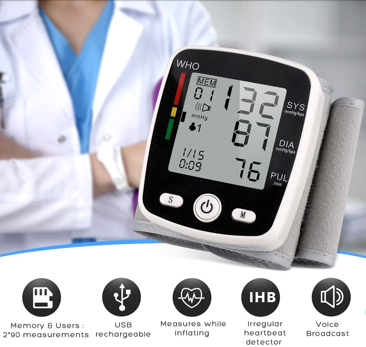 Blood Pressure Machine, Rechargeable Wrist Blood Pressure Monitor Sphygmomanomete, Accurate Blood Pressure Machine for Home Use