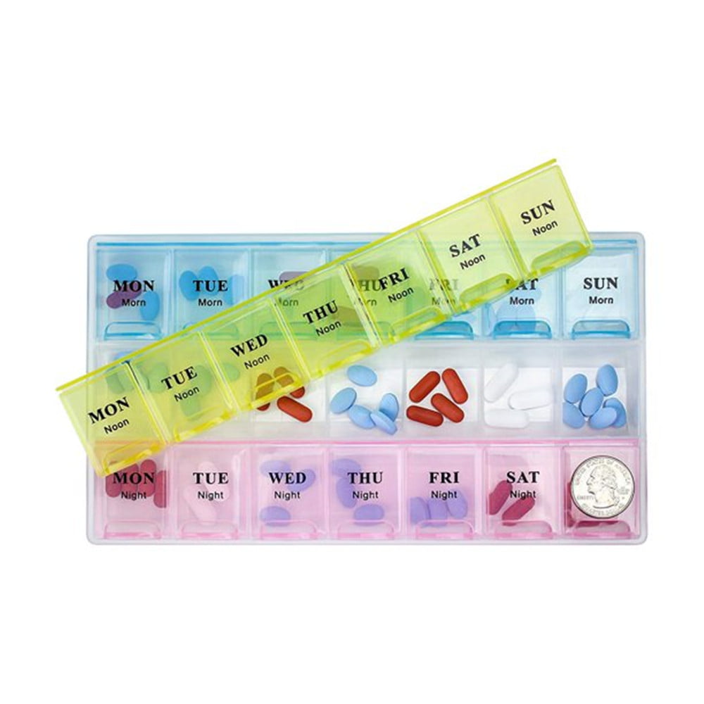 Weekly Pill Organizer, (Pack of 2) 21 Day Pill Planners for Pills Vitamins & Medication, 3 Times-a-Day Medication Reminder Boxes, Easy to Read & Travel Friendly