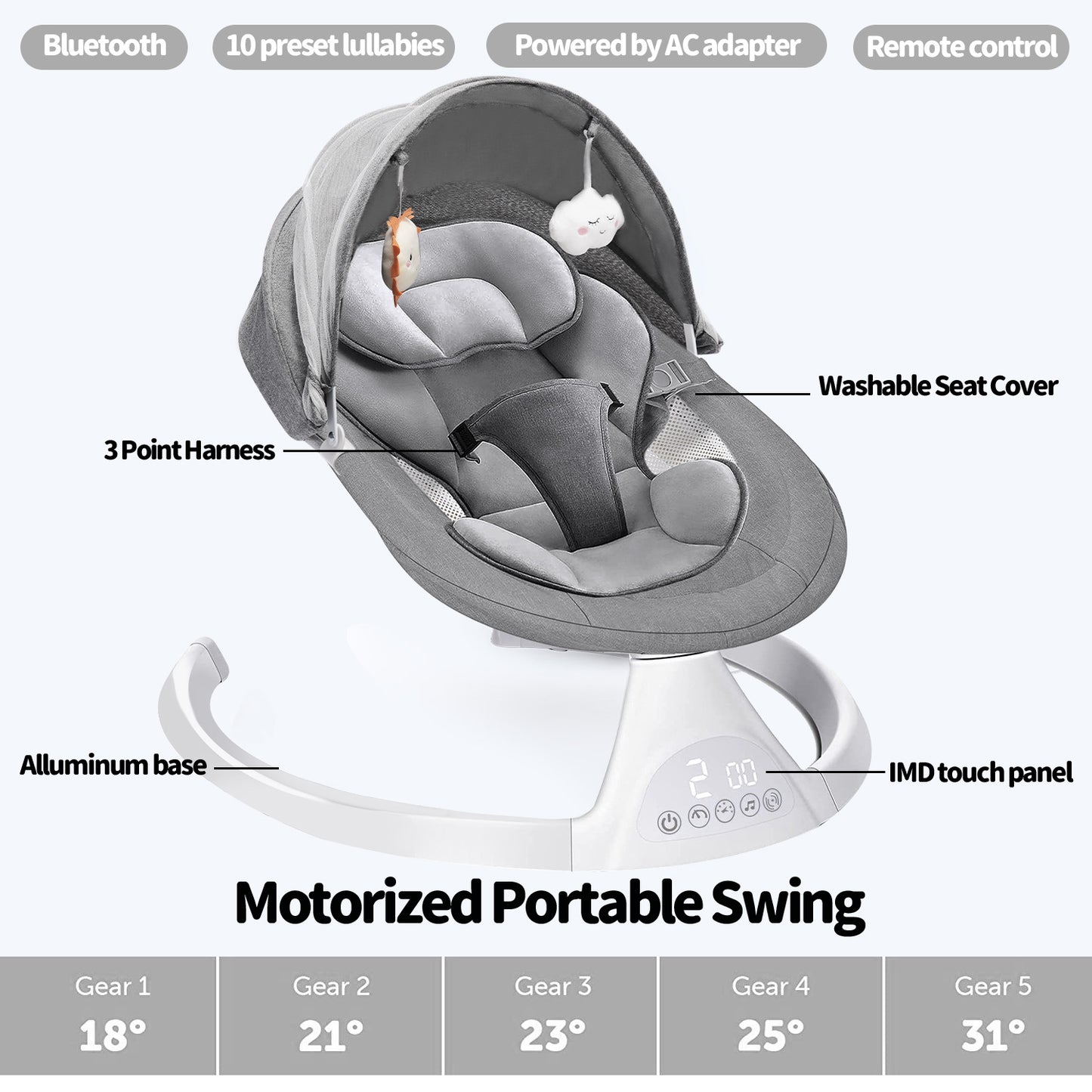 Bluetooth Baby Swing for Infants, Newborn Sleeping Crib and Bouncer, Intelligent Auto-Sensing Swing, 5 Speed, 10 Lullabies, Remote Control