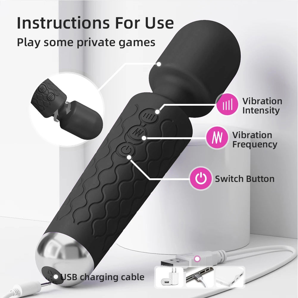 Wand Massager Vibrator with 8 Speeds 20 Vibration Modes, Personal Massager Adult Sex Toys for Women-Black