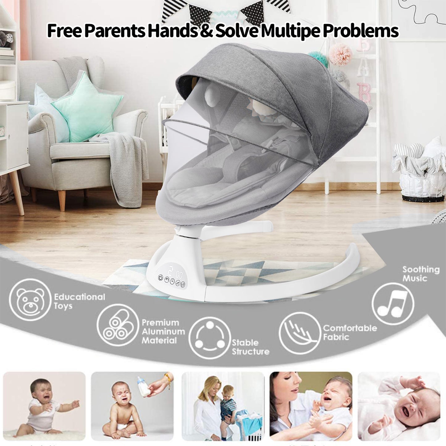 Bluetooth Baby Swing for Infants, Newborn Sleeping Crib and Bouncer, Intelligent Auto-Sensing Swing, 5 Speed, 10 Lullabies, Remote Control