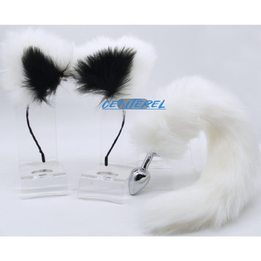 CENTEREL White Furry Tail Anal Plugs and Ears Set of Sex Toys for Men Women Couples