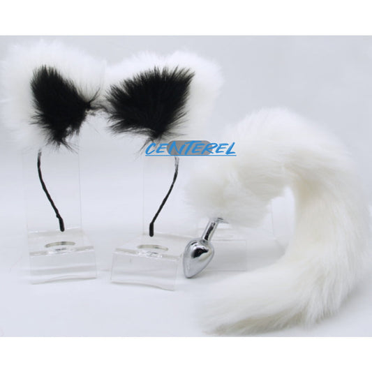 CENTEREL White Furry Tail Anal Plugs and Ears Set of Sex Toys for Men Women Couples