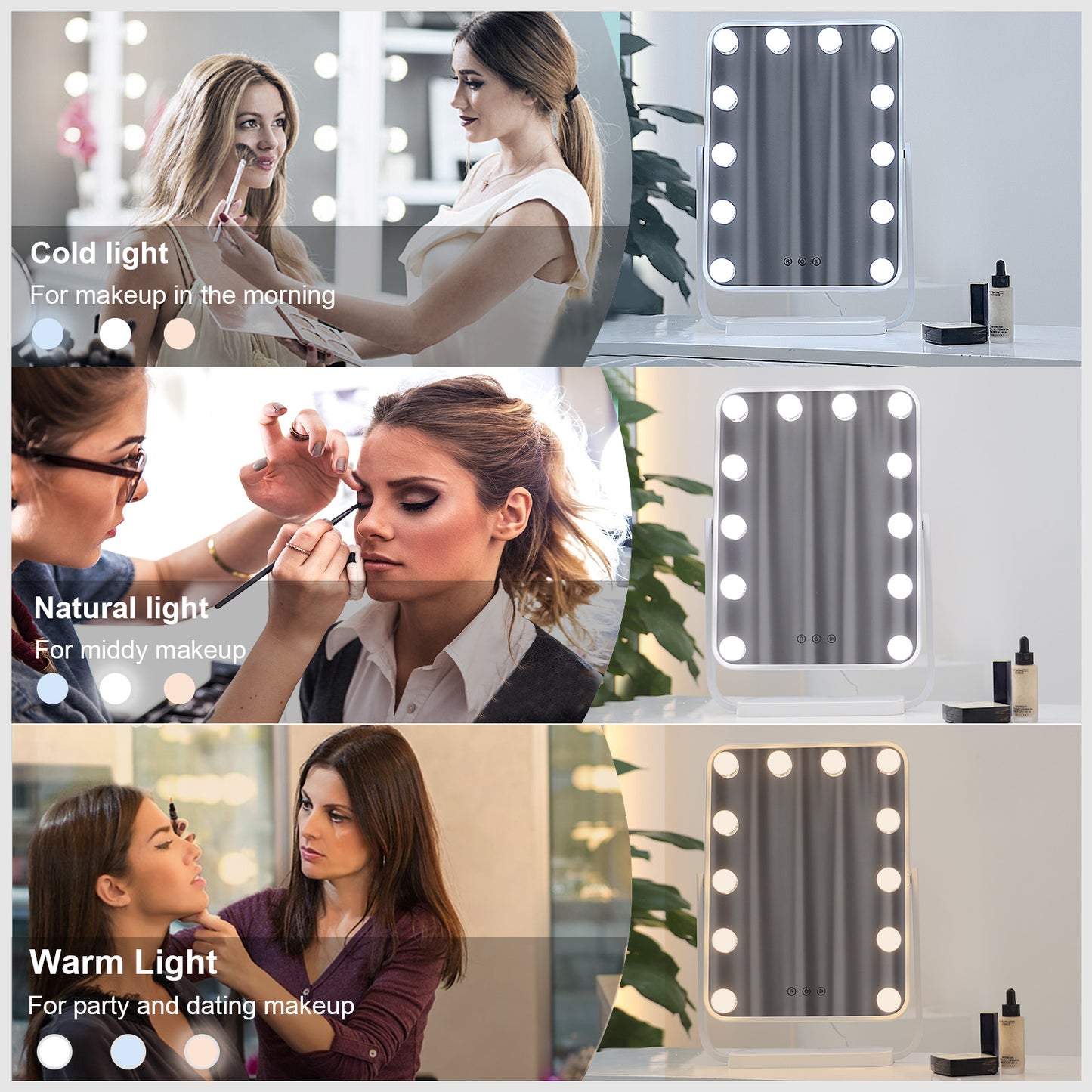 Vanity Mirror with Lights, Lighted Makeup Mirror with 12 Dimmable Bulbs for Dressing Room & Bedroom,3 Color Lighting,Modes Detachable 10x Magnification 360°Ratation(White)